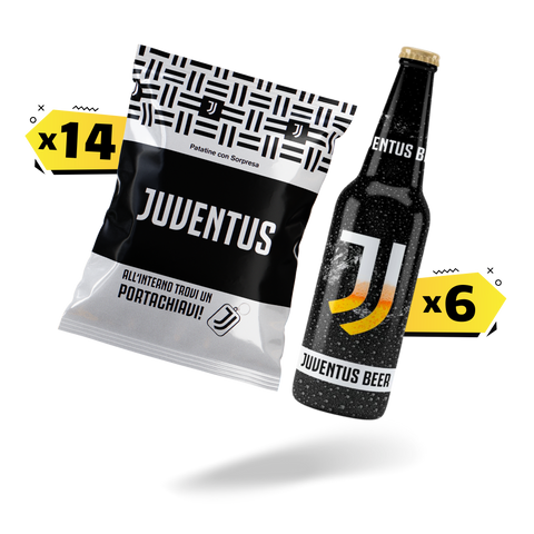 6 Birre Bombeer Juventus + 14 Patatine Juventus